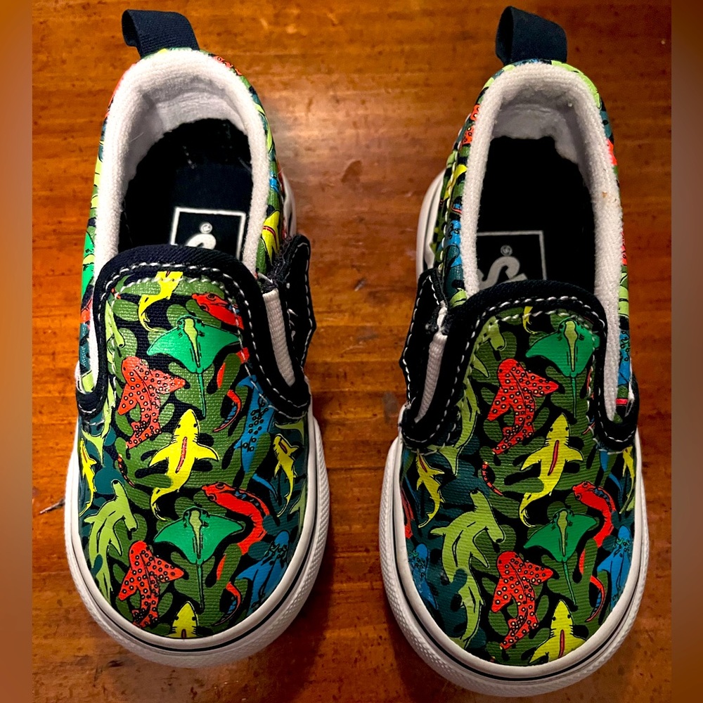 Toddler MultiColored Shark Vans. Size: 5.5